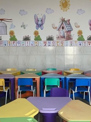 Sala da Educação Infantil com mesas coloridas e painel de letras